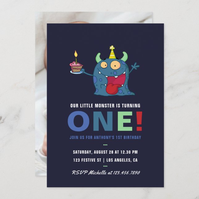 1. Geburtstag Kleine Monsterjunge Party Einladung (Vorne/Hinten)