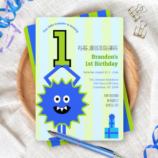1. Geburtstag Kleiner Monster Boy Blue Green Strip Einladung