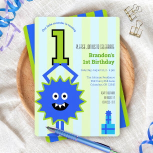 1. Geburtstag Kleiner Monster Junge Blau Grüne Str Einladung