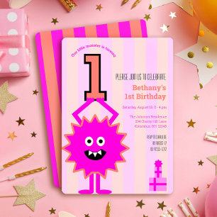 1. Geburtstag Kleines, heiß rosa Monster Fun Niedl Einladung
