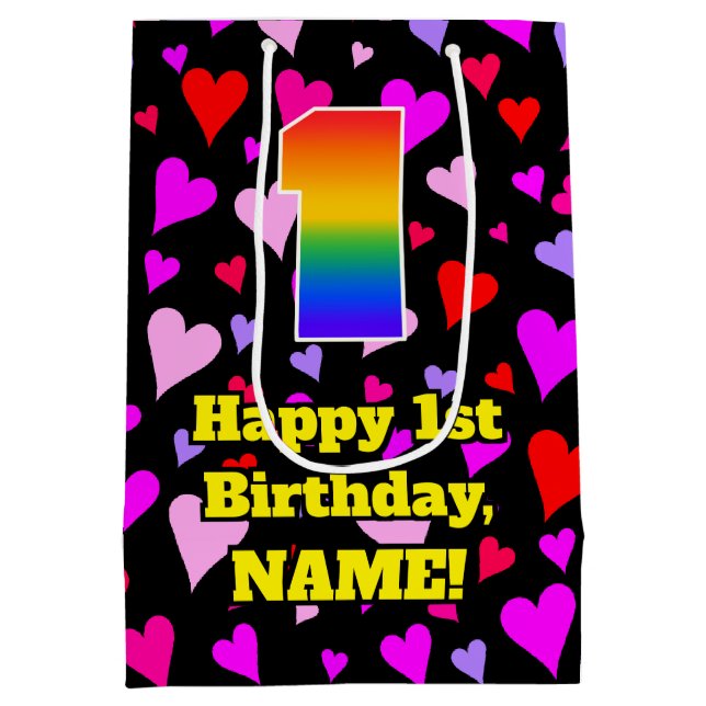 1. Geburtstag: Liebesherz-Muster, Regenbogen # 1 Mittlere Geschenktüte (Rückseite)