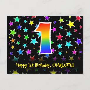 1. Geburtstag: Lustiges Sterne-Muster, Regenbogen  Postkarte