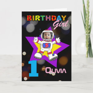 1. Geburtstag Mädchen Astronaut Weltraum Thema Fot Karte