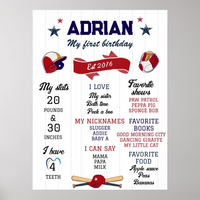 1. Geburtstag Meilenstein Baseball Poster (Vorne)