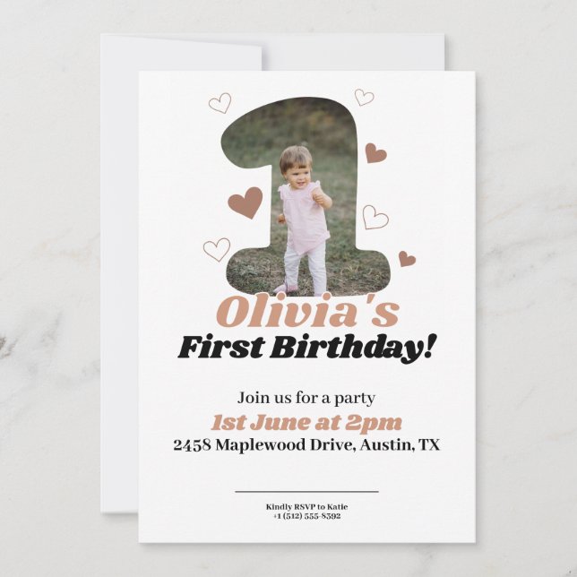 1. Geburtstag Minimalistisch Beige Teddy Heart (Vorderseite)