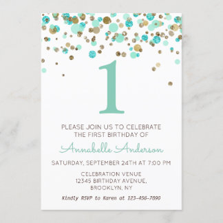 1. Geburtstag Minze Gold Glitzer Sparkle Confetti Einladung