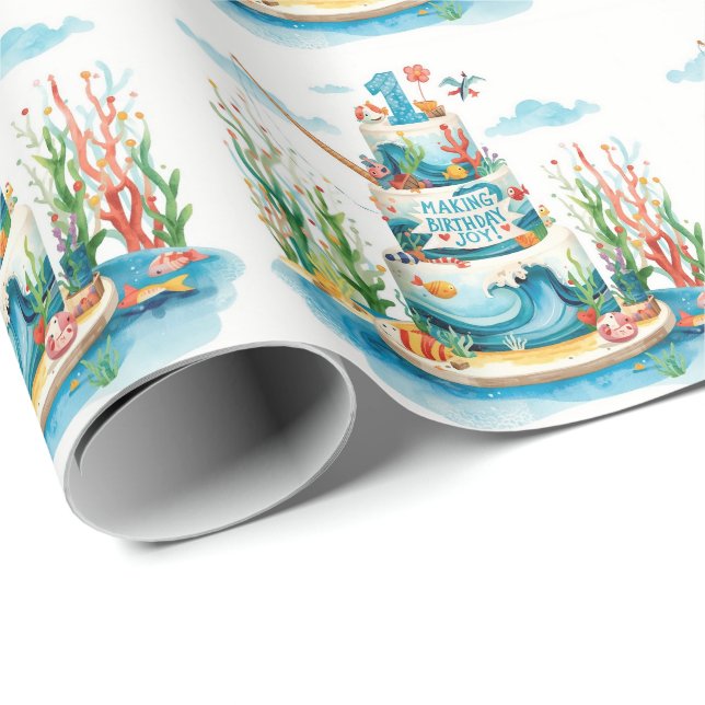 1. Geburtstag mit Kuchen angeln Geschenkpapier (Rolleneckpunkt)