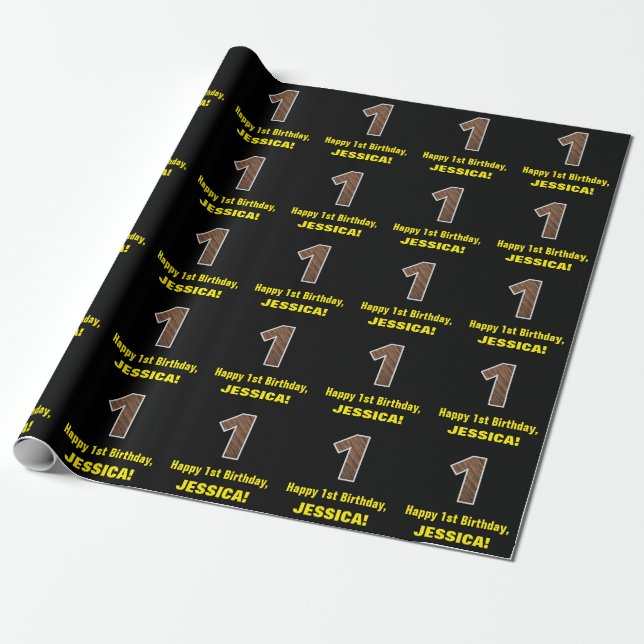 1. Geburtstag: Name & Imitat Holzkörnchen Muster " Geschenkpapier (Ungerollt)