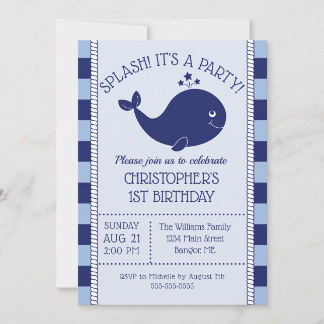 1. Geburtstag Nautical Blue Whale Blue Navy Streif Einladung (Vorderseite)