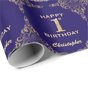 1. Geburtstag Navy Blue and Gold Glitzer Frame Geschenkpapier