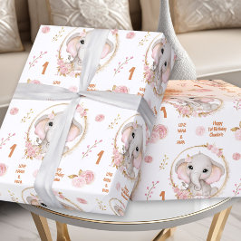 1. Geburtstag Niedlich Elephant Pink Flower Girl N Geschenkpapier