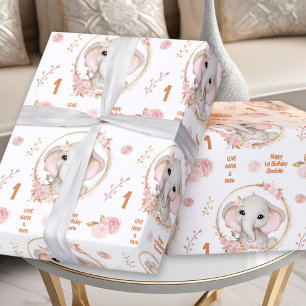 1. Geburtstag Niedlich Elephant Pink Flower Girl N Geschenkpapier