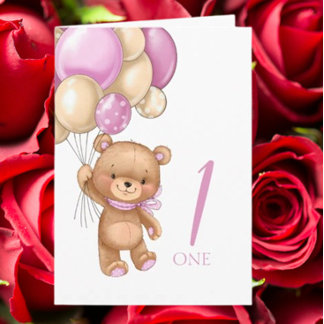 1. Geburtstag niedliche rosa Ballons Girl-Teddy-Ka Karte