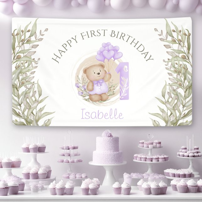 1. Geburtstag Niedlicher Lila Teddy Bären Grüne Banner (1st Birthday Cute Purple Teddy Bear Greenery Banner)