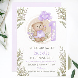1. Geburtstag Niedlicher Teddybär Lila Herzblasen Einladung