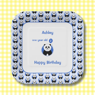 1. Geburtstag Panda blaue Ballon Pappteller
