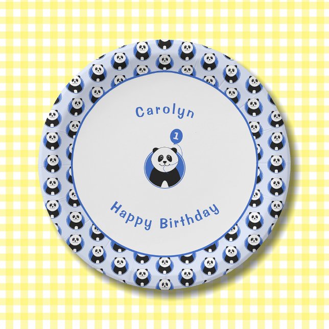 1. Geburtstag Panda blaues Muster Pappteller (Von Creator hochgeladen)