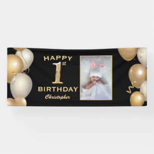 1. Geburtstag Party Black and Gold Balloons Foto Banner