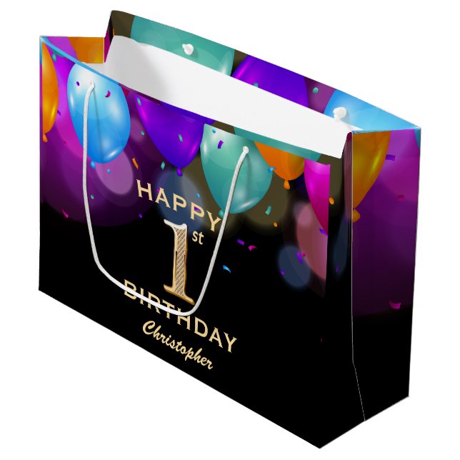 1. Geburtstag Party Black and Gold Balloons Große Geschenktüte (Vorderseite Schrägansicht)