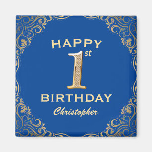 1. Geburtstag Party Blau und Gold Glitzer Rahmen Magnet