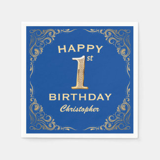 1. Geburtstag Party Blau und Gold Glitzer Rahmen Serviette