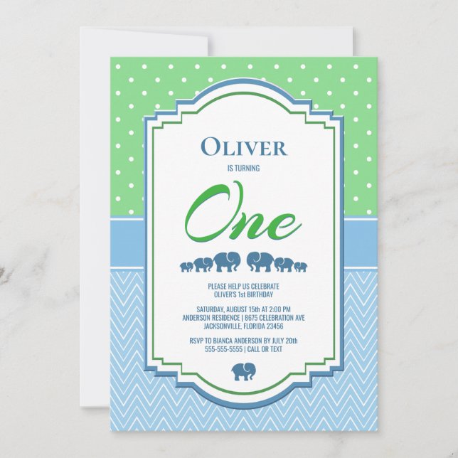 1. Geburtstag Party Blaue Elefanten Einladung (Vorderseite)