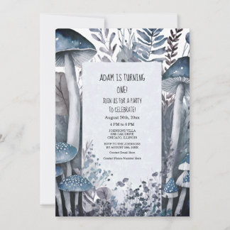 1. Geburtstag Party Blue Mushrooms Boho Woods 2024 Einladung