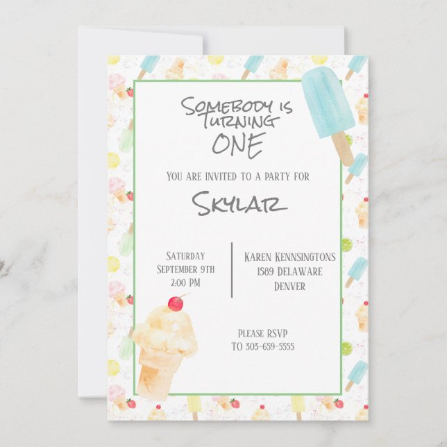 1. Geburtstag Party Eiscreme Einladung (Vorderseite)