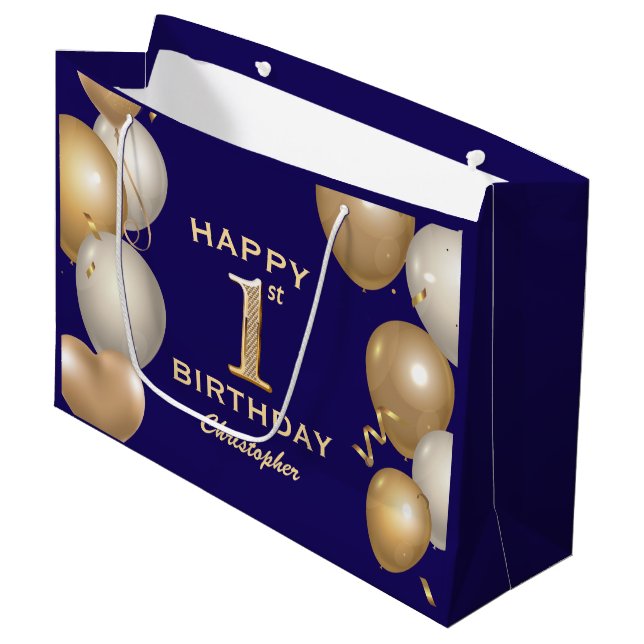 1. Geburtstag Party Navy Blue and Gold Balloons Große Geschenktüte (Vorderseite Schrägansicht)