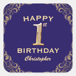 1. Geburtstag Party Navy Blue and Gold Glitzer Quadratischer Aufkleber