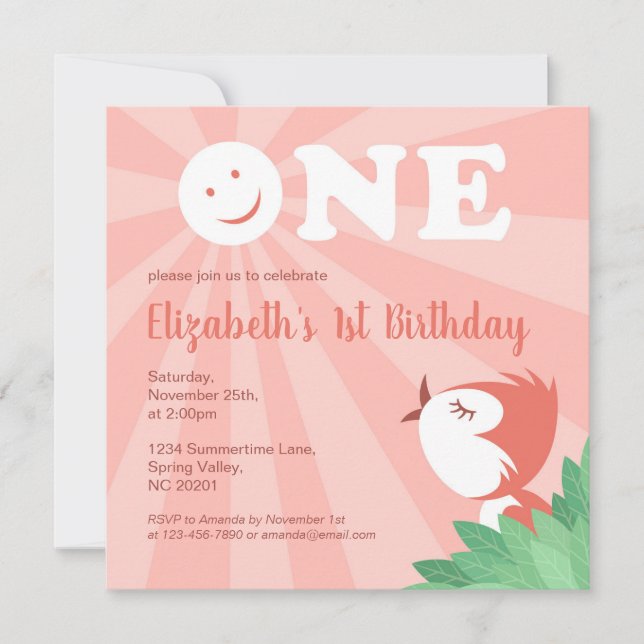1. Geburtstag Party Niedlich Chick Bird Girl Somme Einladung (Vorderseite)