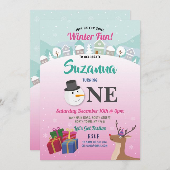 1. Geburtstag Party Santa Snowman Girls Einladung (Vorne/Hinten)