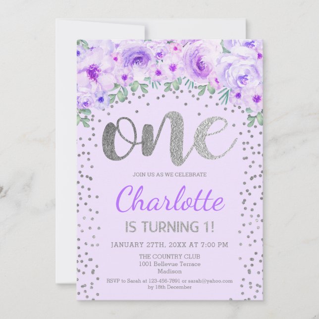 1. Geburtstag Party - Silber Lila Einladung (Vorderseite)