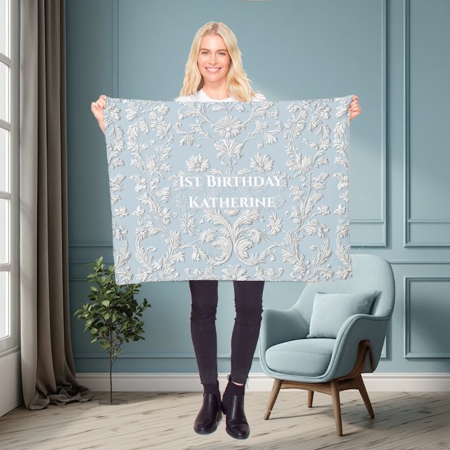 1. Geburtstag Pastellblau Shabby Chic Vintage Flor Fleecedecke (1st Birthday Pastel Blue Shabby Chic Vintage Flora Fleece Blanket)
