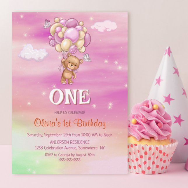 1. Geburtstag Pink Balloons Teddy Bear Einladung (Von Creator hochgeladen)