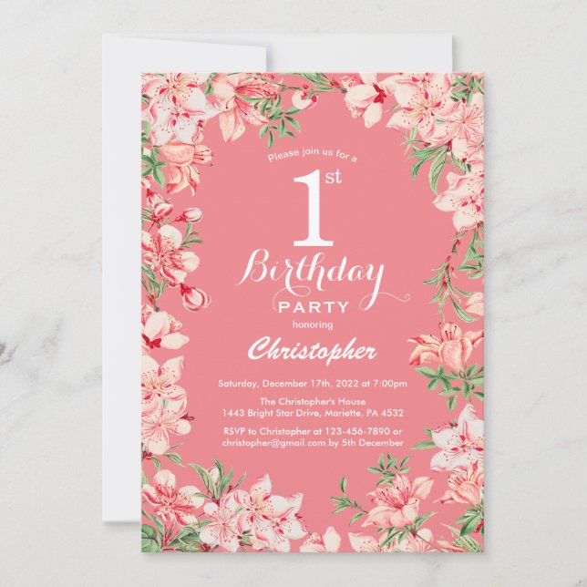 1. Geburtstag Pink Boho Botanische Blume Einladung (Vorderseite)