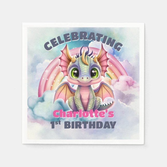 1. Geburtstag Pink Dragon Party Serviette (Vorderseite)