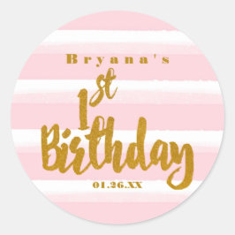 1. Geburtstag Pink & Gold Foil Aquarellkleber Runder Aufkleber