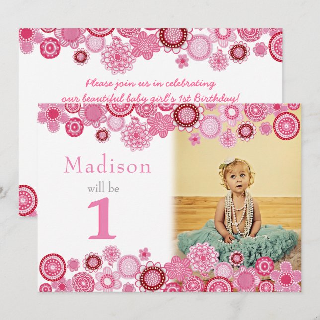 1. Geburtstag Pink-Party Einladung-Fotokarte Einladung (Vorne/Hinten)