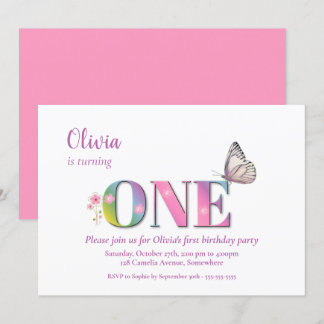 1. Geburtstag Pink Rainbow Blume & Butterfly Part Einladung
