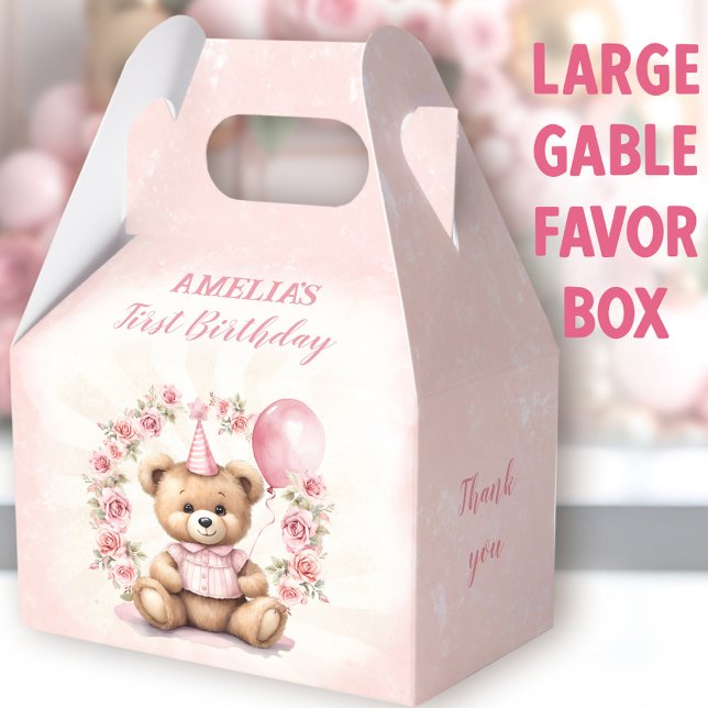 1. Geburtstag Pink Roses Cute Bär Grosses Gabel Geschenkschachtel (Bear Roses Large Gable Favor Boxes - You can choose from 3 sizes of these gable favor boxes)