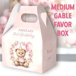 1. Geburtstag Pink Roses Cute Bear Medium Gable Geschenkschachtel