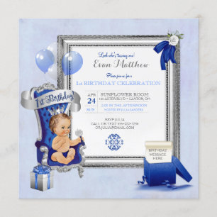 1. Geburtstag Prinz Junge Royal Blau Silber Foto Einladung