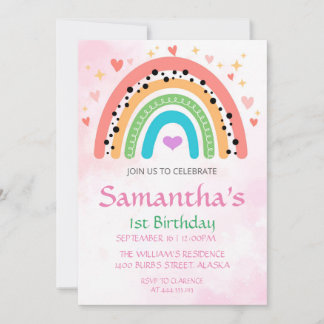1. Geburtstag Rainbow Hearts Girly Einladung
