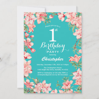 1. Geburtstag Rosa Blume Aquamariner Hintergrund Einladung
