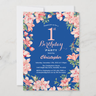 1. Geburtstag Rosa Blume Blau Einladung