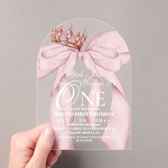 1. Geburtstag Rosa Schleife Mädchen wollen nur ein Acryleinladungen (Insitu (Handheld))