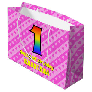 1. Geburtstag: Rosa Streifen & Herz, Regenbogen Nr Große Geschenktüte