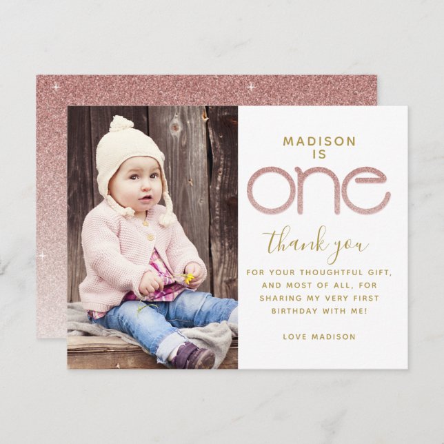1. Geburtstag Rose Gold Glitzer Danke Karte (Vorne/Hinten)