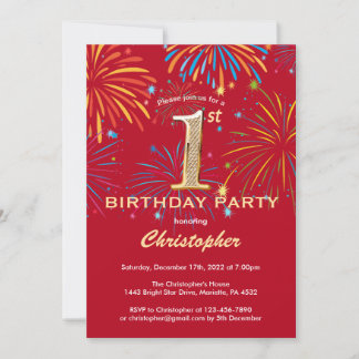 1. Geburtstag Rot und Gold Rainbow Fireworks Einladung